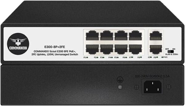 COMMANDO Scout E300 8P 2Fast Ethernet Switch | Desktop Ethernet | Ethernet Hub | Plug & Play | Fanless Quiet | Desktop Design | Green Technology | Unmanaged ( E300-8P+2FE )