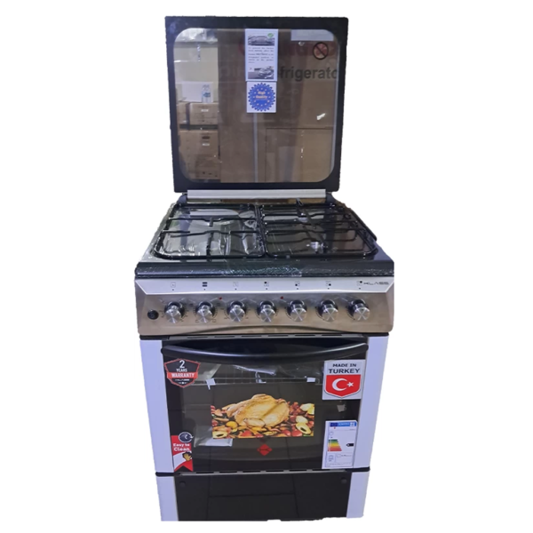 KLASS Cooker 60x60cm, 3 Gas Burners + 1 Hot Plate, Electric Oven & Grill, Oven Fan, Rotisserie, Oven Lamp & Timer, Glass Top, 4TTE-6631TIF – Inox