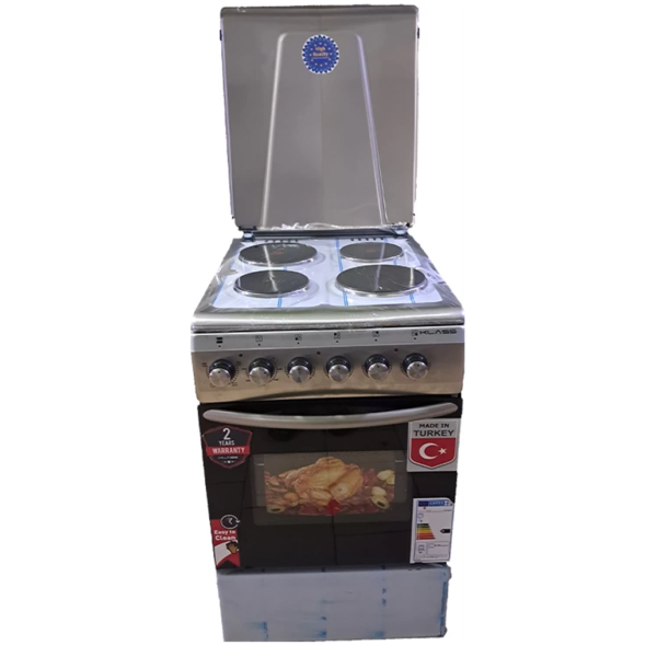 KLASS Full Electric Cooker 50x60cm, 4 Electric Plates, Electric Oven & Grill, Rotisserie, Oven Lamp & Timer, 4TTE-5604HP – Inox